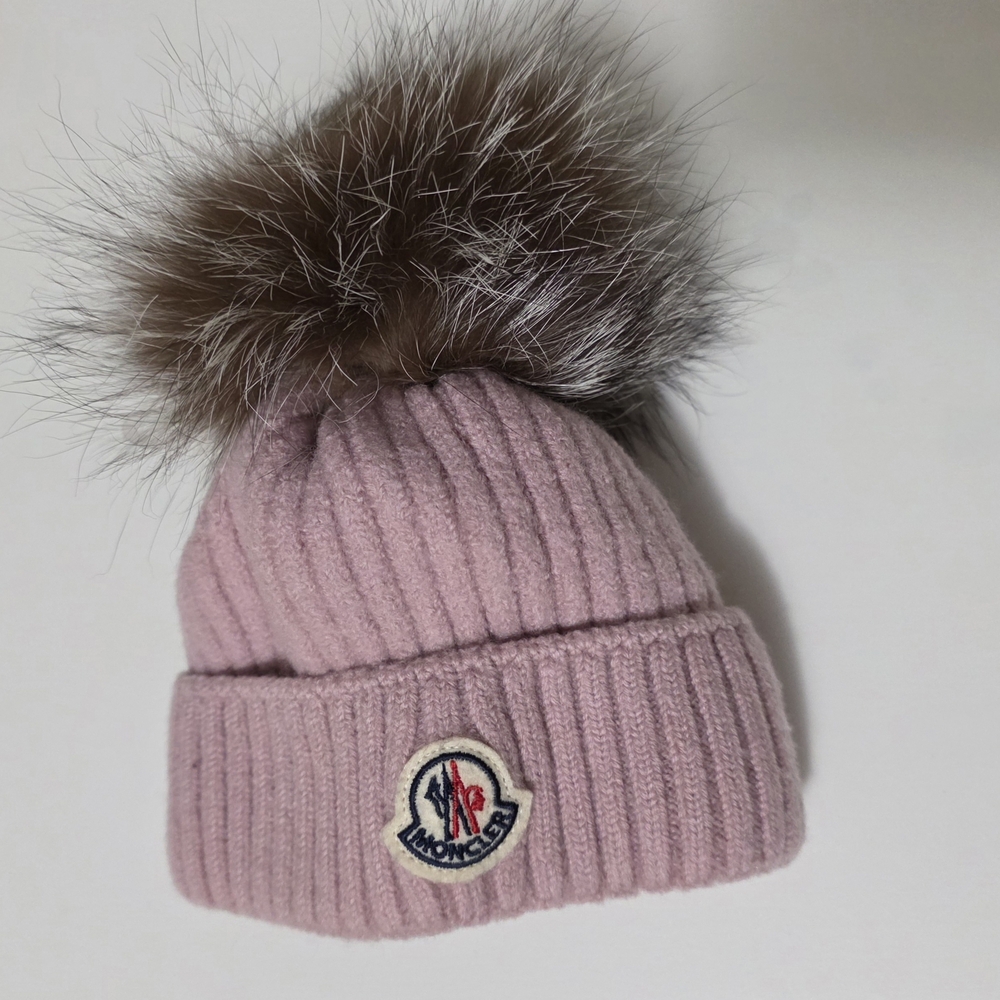Moncler Mauve Knit Beanie with Fur Pom-Pom